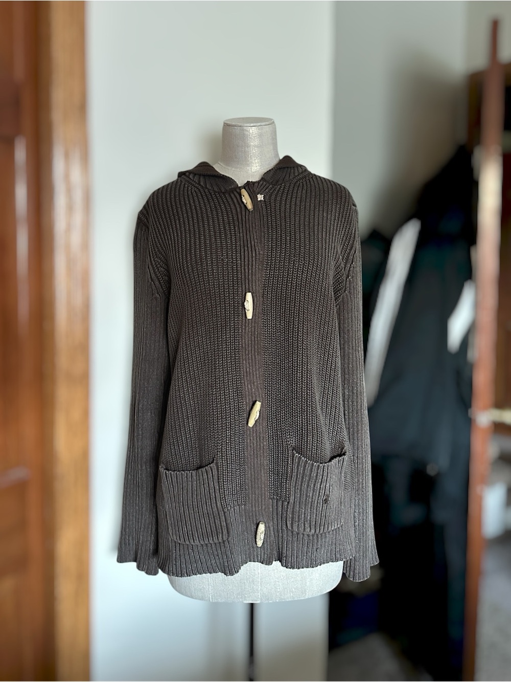Ruff Hewn Brown Women’s Ribbed Knit Knob/Toggle Hooded Cardigan